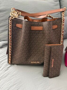 Michael Kors Brown Logo-Print Chain Strap Tote with Matching Wallet